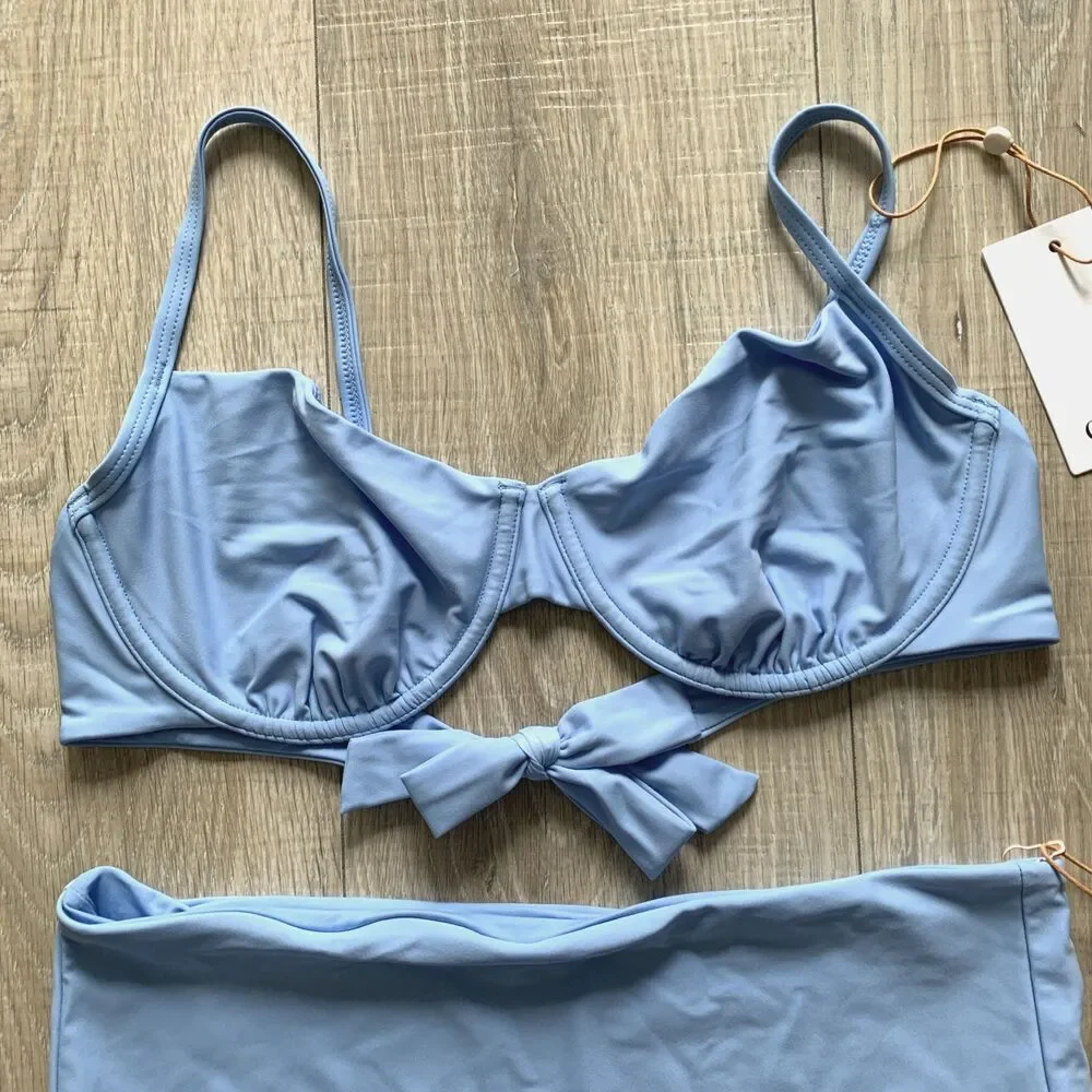 Quince Italian Demi Bikini Top Underwire Back Tie High Rise Bottom Swim Blue L - Picture 3 of 6